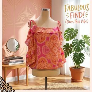 SOHO Jeans Paisley Ruffled Cold Shoulder Boho Sassy Top Medium